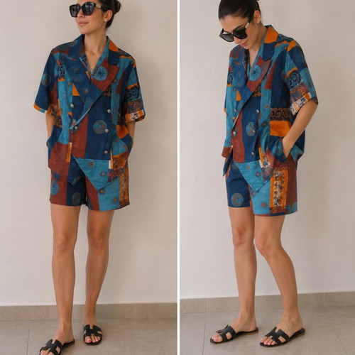 Wool set with jacket and shorts, blue and orange