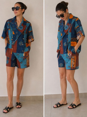 Wool set with jacket and shorts, blue and orange