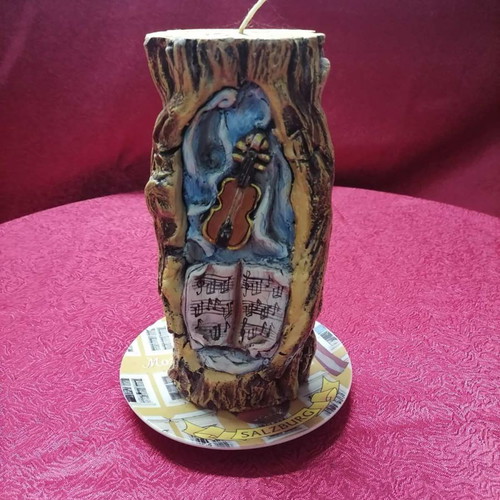 Carved candle new with violin and book theme, porcelain base