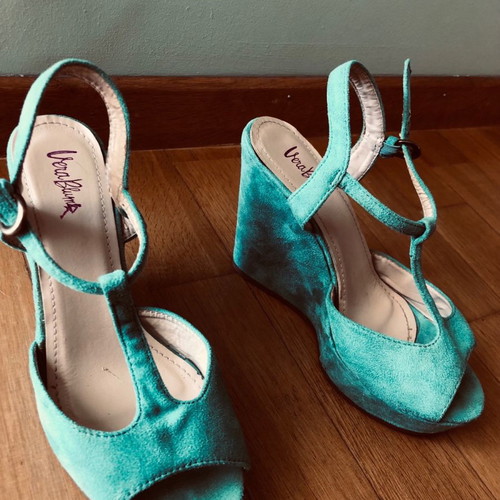 Women's platform sandal used, size 38, turquoise velvet