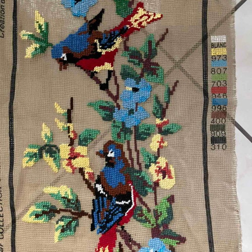 Handmade embroidery with colorful birds and flowers, like new