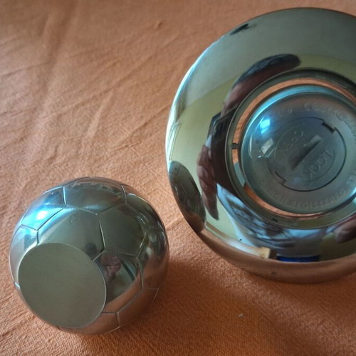 Philippi desk set used, polished chrome analog clock and paperweight
