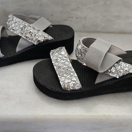 Platform sandals like new, black with silver sequins and grey elastic straps