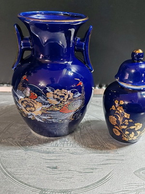 Set of 2 new cobalt blue vase and mini urn with bird and floral design