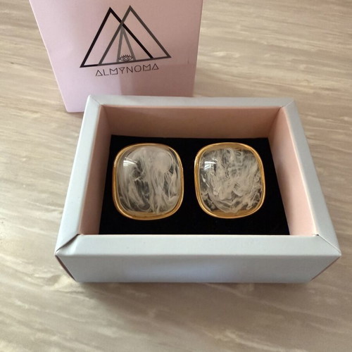 Stainless steel statement earrings, white and gold tone