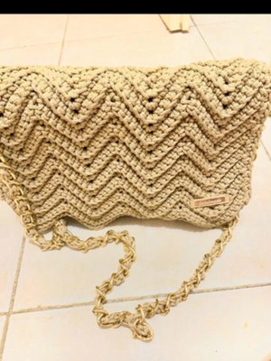 Handmade knitted shoulder bag beige with gold thread like new