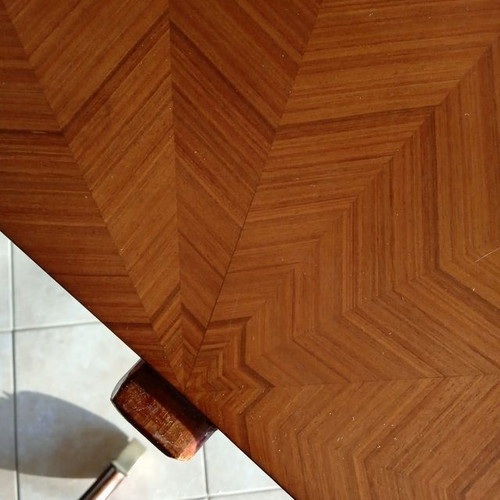 Marquetry round dining table 1950s, refurbished, extension, 110cm diameter