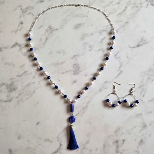 Royal Blue and White Necklace and Earrings Set new