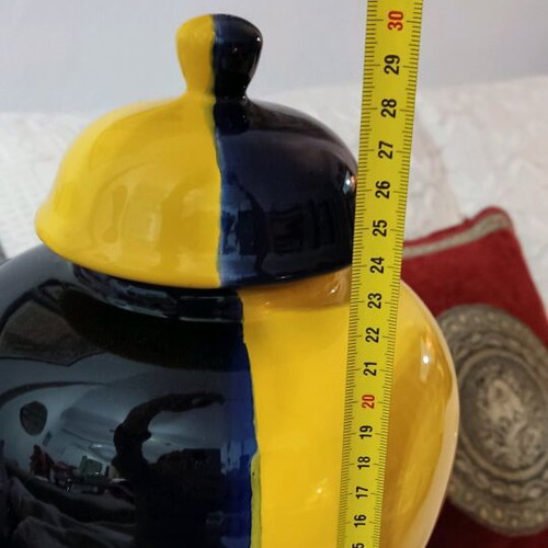 Ginger jar ceramic used, blue and yellow decor, 30 cm