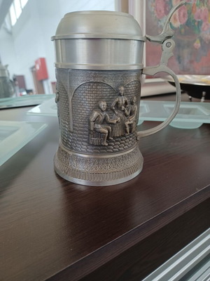Pewter beer mug used, carved, Fursten