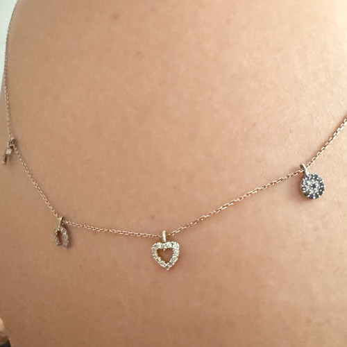 925 Sterling Silver Lucky Charm Necklace like new with Evil Eye Heart Moon CZ