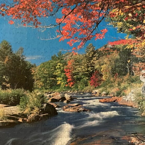 Puzzle board like new with river landscape and blooming tree