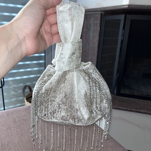 Eiko_ai Tins bag silver metallic mini handbag with crystal fringes