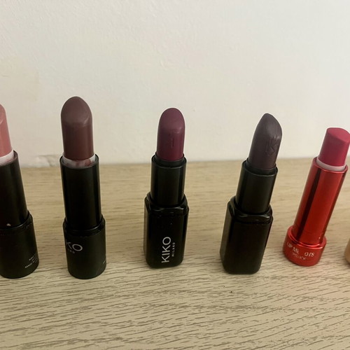 Kiko Milano lipsticks used, various shades red, burgundy, pink, brown