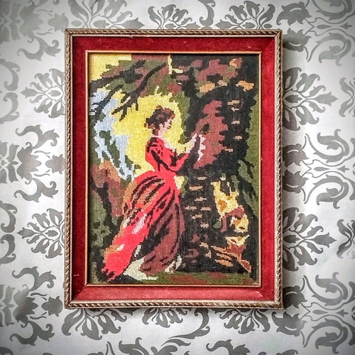 Embroidered textile painting used with needlepoint in frame