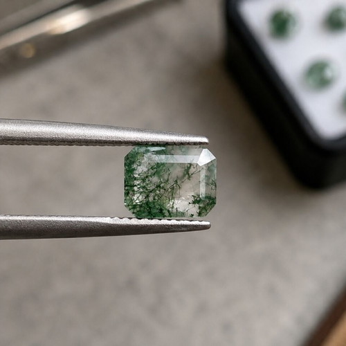 Moss Agate 6×8mm Emerald Cut 1.14ct new, for ring or pendant