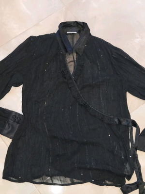 Black semi-transparent wrap shirt with sequins used