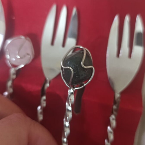 Set of 6 vintage Barasch Sylmar cocktail forks with semi-precious stones