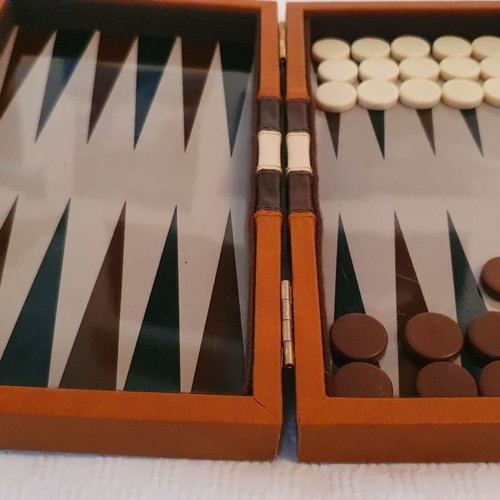 Backgammon small used leather 23cm x 17cm x 4cm