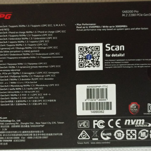 Adata XPG SX8200 Pro SSD 1TB M.2 NVMe PCI Express 3.0 σαν καινούργιο