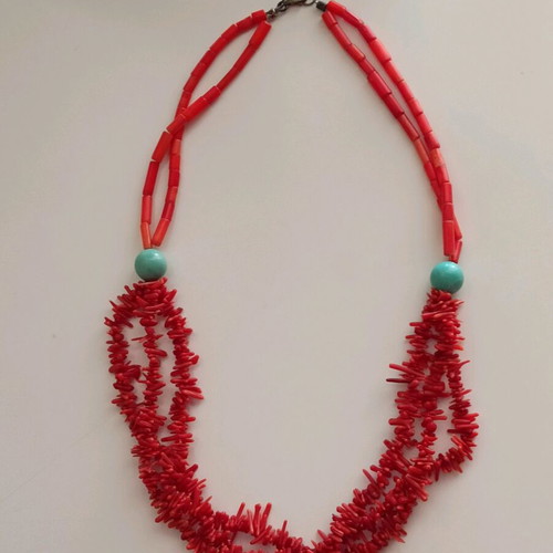 Handmade necklace with natural coral and turquoise stones new