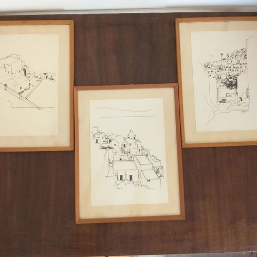 Triptych of black and white architectural prints used, Aegean settlement 1973