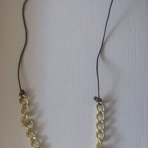 Necklace long with brown cord and gold chain new