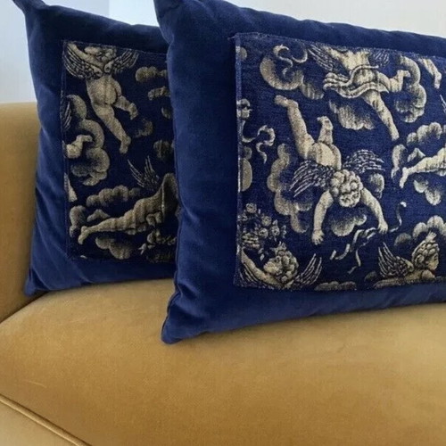Christmas pillows new, set of 2, blue velvet with golden angels 40x60