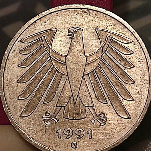 Germany 5 Mark 1991 coin like new, mint mark G Karlsruhe