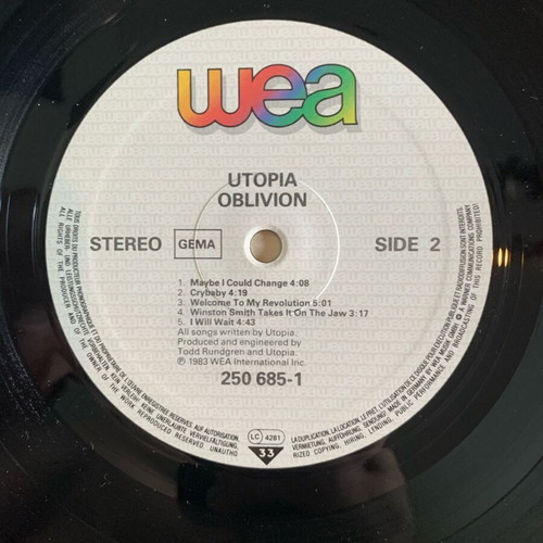 Utopia Oblivion vinyl like new, Canadian prog rock