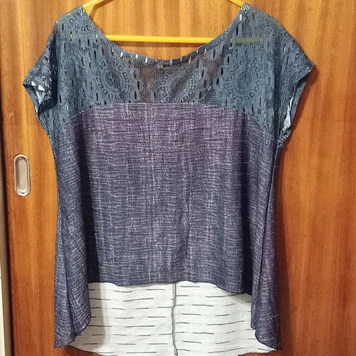 Be You sleeveless top with V-neck lace, like new, blue and gray, M-L