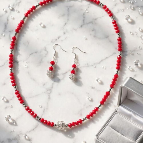 Handmade crystal beaded red and silver elegant jewelry set