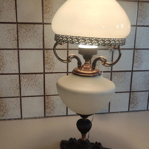 Vintage opaline table lamp used, brass, 55cm height