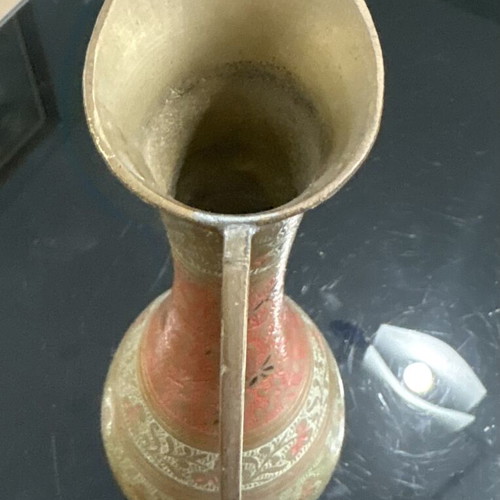 Vintage Hand Engraved Brass Vase with Colored Enamel from India like new