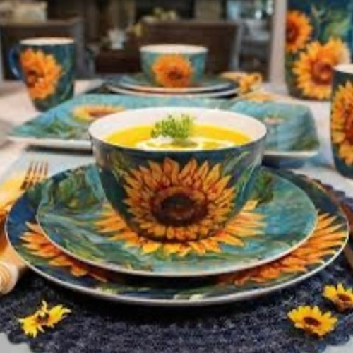 Set of 16 elegant sunflower plates and mugs