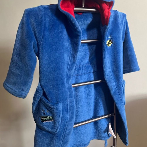 Mothercare velour children's robe used with superhero design age 4-6 blue and red