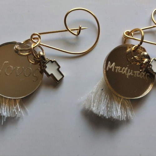 Handmade baptism keepsakes with gold-plated safety pin and enameled cross