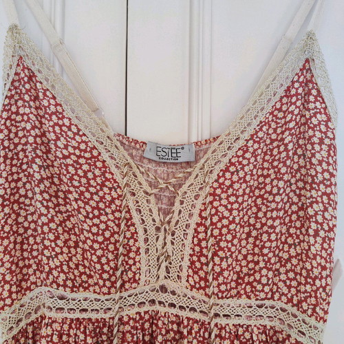 Estee Collection Boho Maxi Dress red floral, 100% viscose, like new, size L