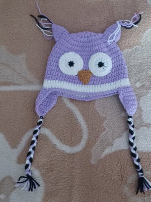 Handmade owl kids hat new, purple, for ages 3-4