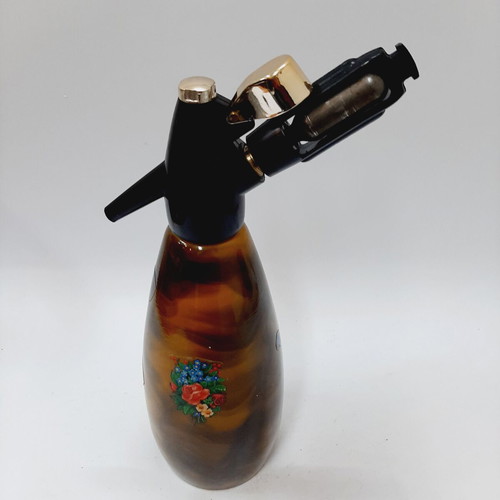 Vintage Soda Siphon Marble Brown Amber Floral Motif, Like New