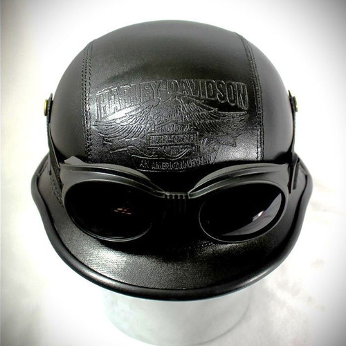 Luis handmade vintage motorcycle helmet with goggles, black matte, size L