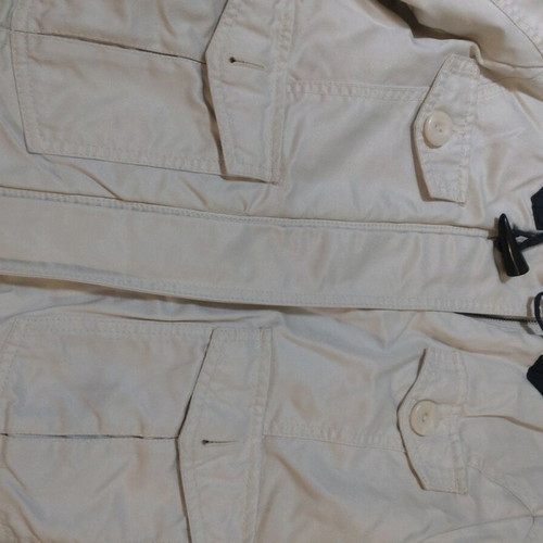 Bershka women's jacket used with detachable hood, white and beige, size M