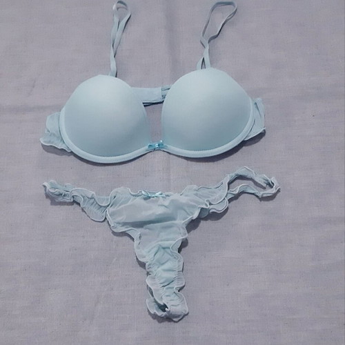Zara Ousho lingerie set 80B bra and medium/large thong, new, elastic tulle, light blue