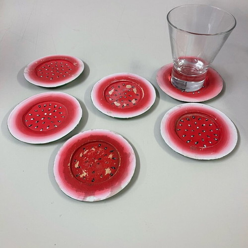 Watermelon coasters used, set of 6
