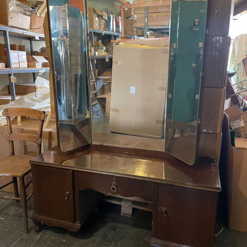 Vintage dressing table with triple mirror used, solid wood