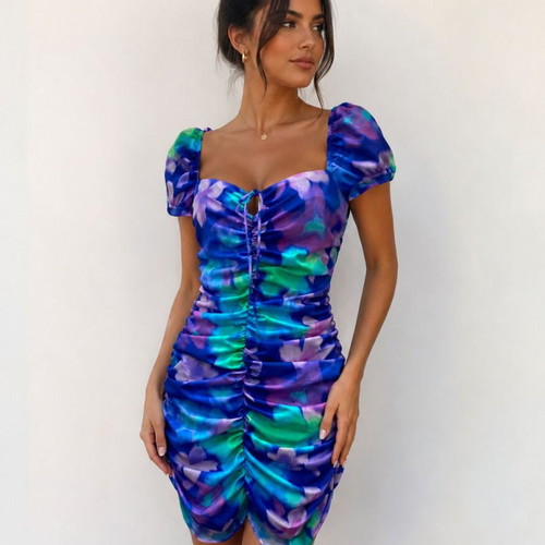 Bershka knee-length elastic dress, blue multicolor