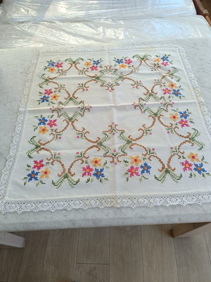 Vintage embroidered tablecloth 70×66 cm used with cross-stitch and lace