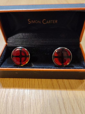 Simon Carter cufflinks set new, round, black-red