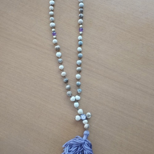 Handmade rosary prayer beads with wood and purple stones, 38 cm, new