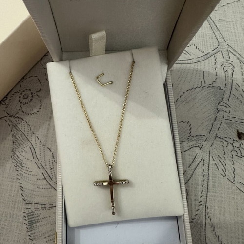 14k gold cross pendant with 9k long chain, reversible design